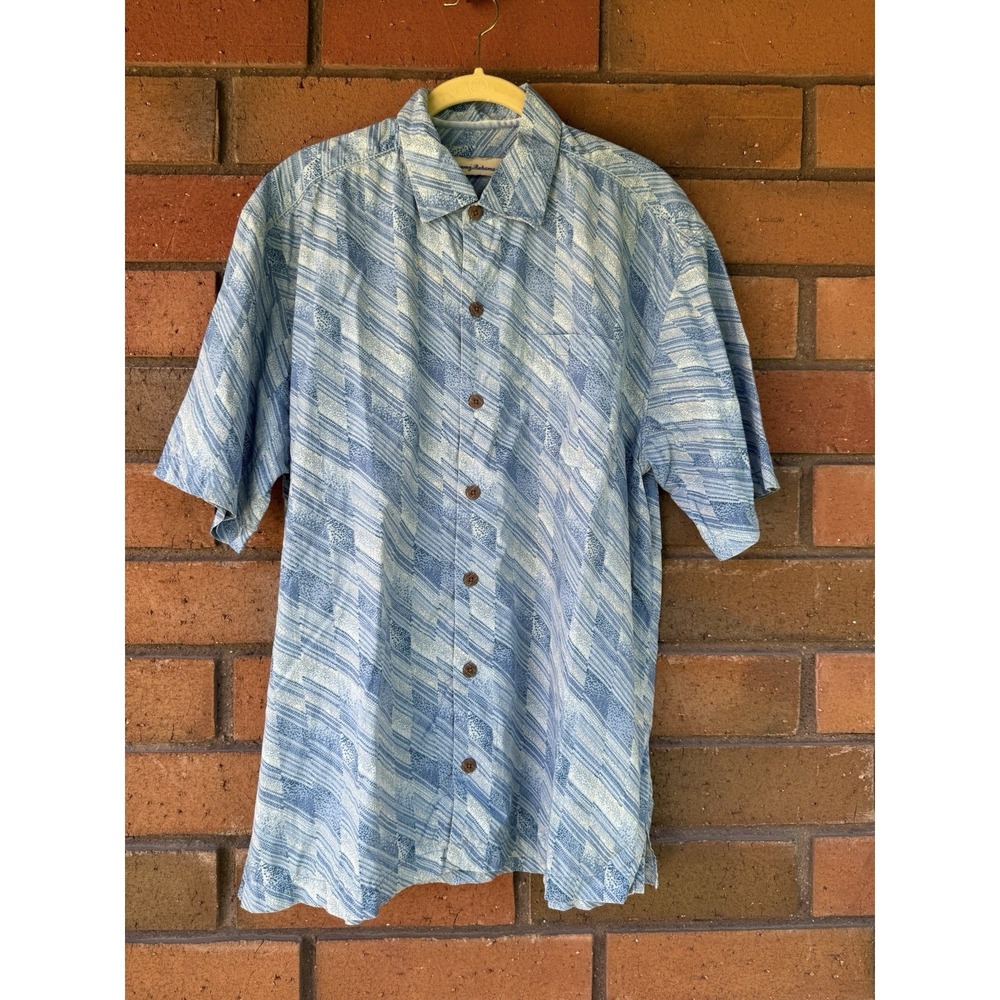 Tommy Bahama Shirt 100% Silk Geometric Brush Stroke Hawaiian | Blue | Size Large